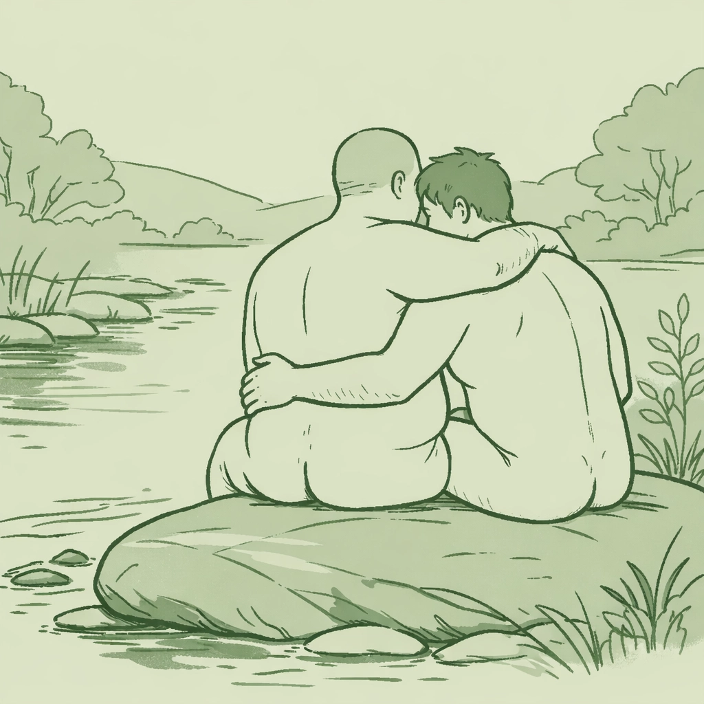 MM couple embracing body positivity and nudism in a serene naturist setting with muted green tones.