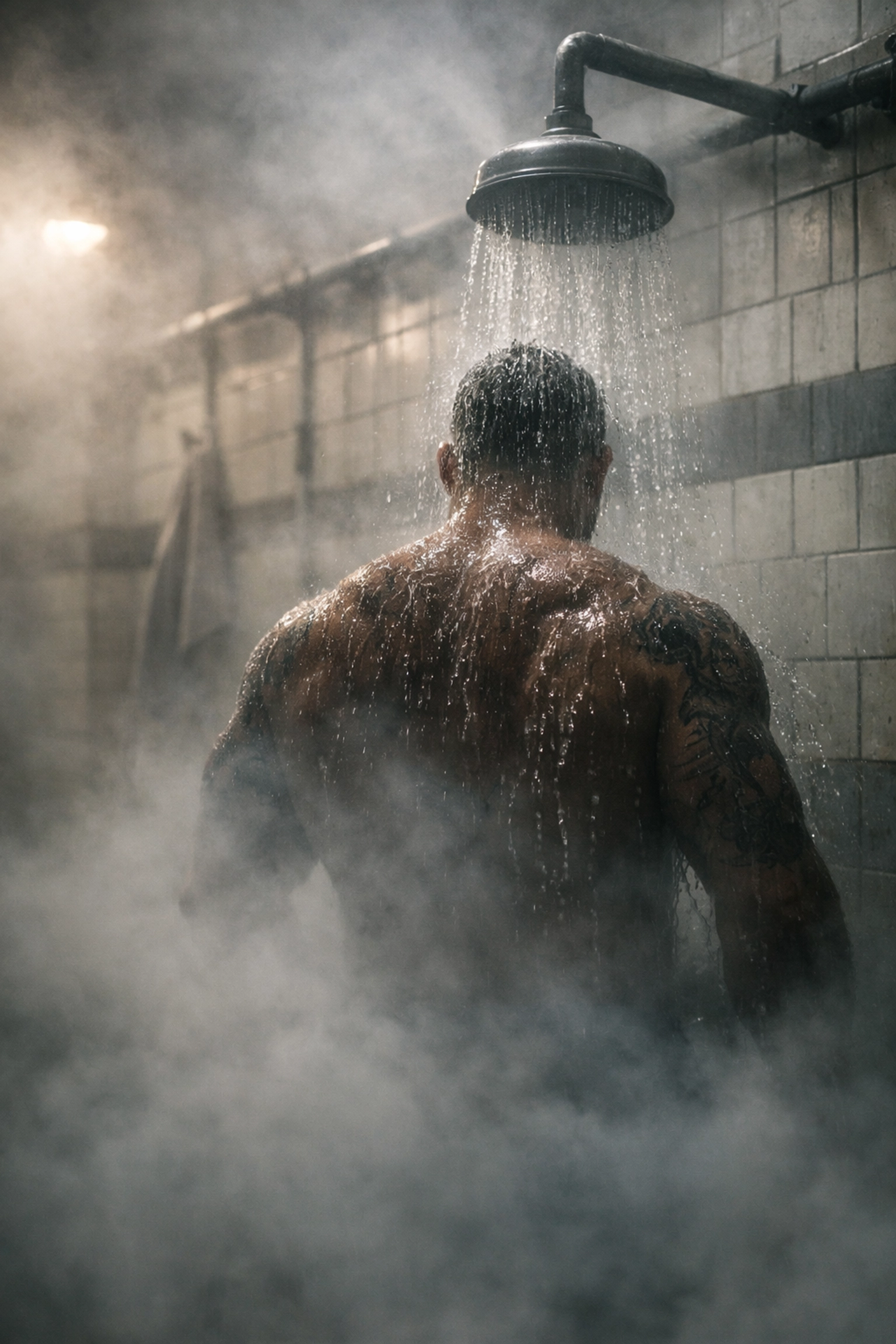 Muscular man showering in communal gym shower