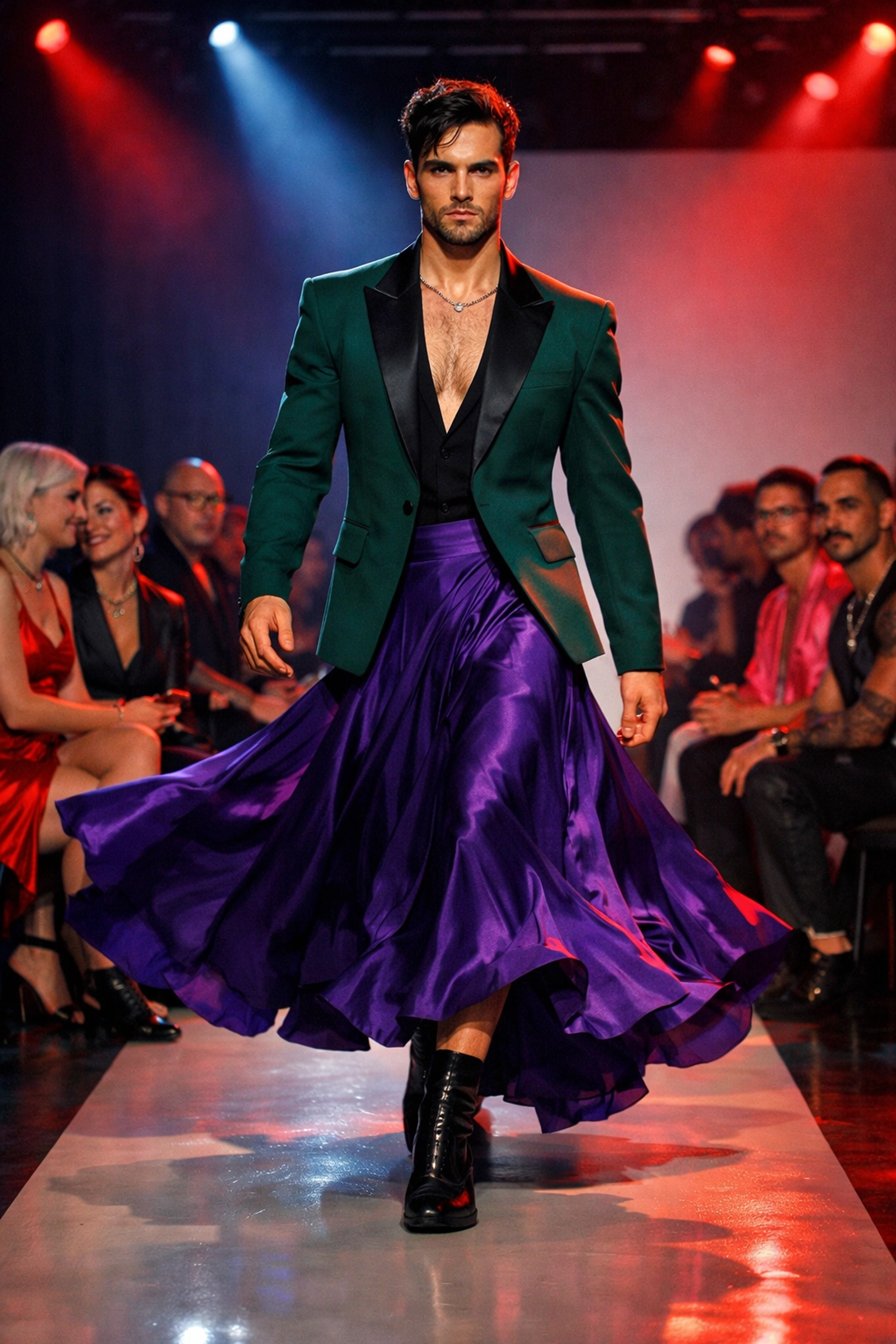 Male model on fashion runway wearing gender-fluid skirt and blazer ensemble
