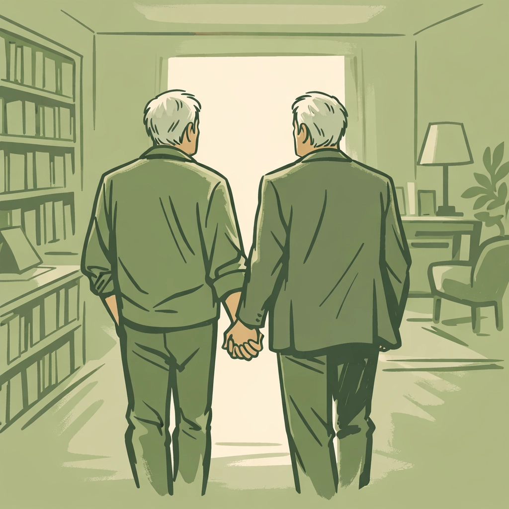Silver fox gay couple holding hands, representing second-chance romance for men over 40.