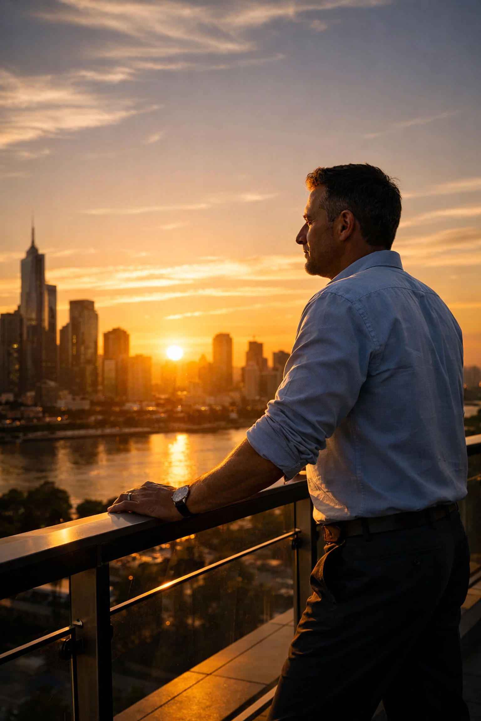 A confident man looking at a city skyline, reflecting the peace of mind from secure life insurance planning.