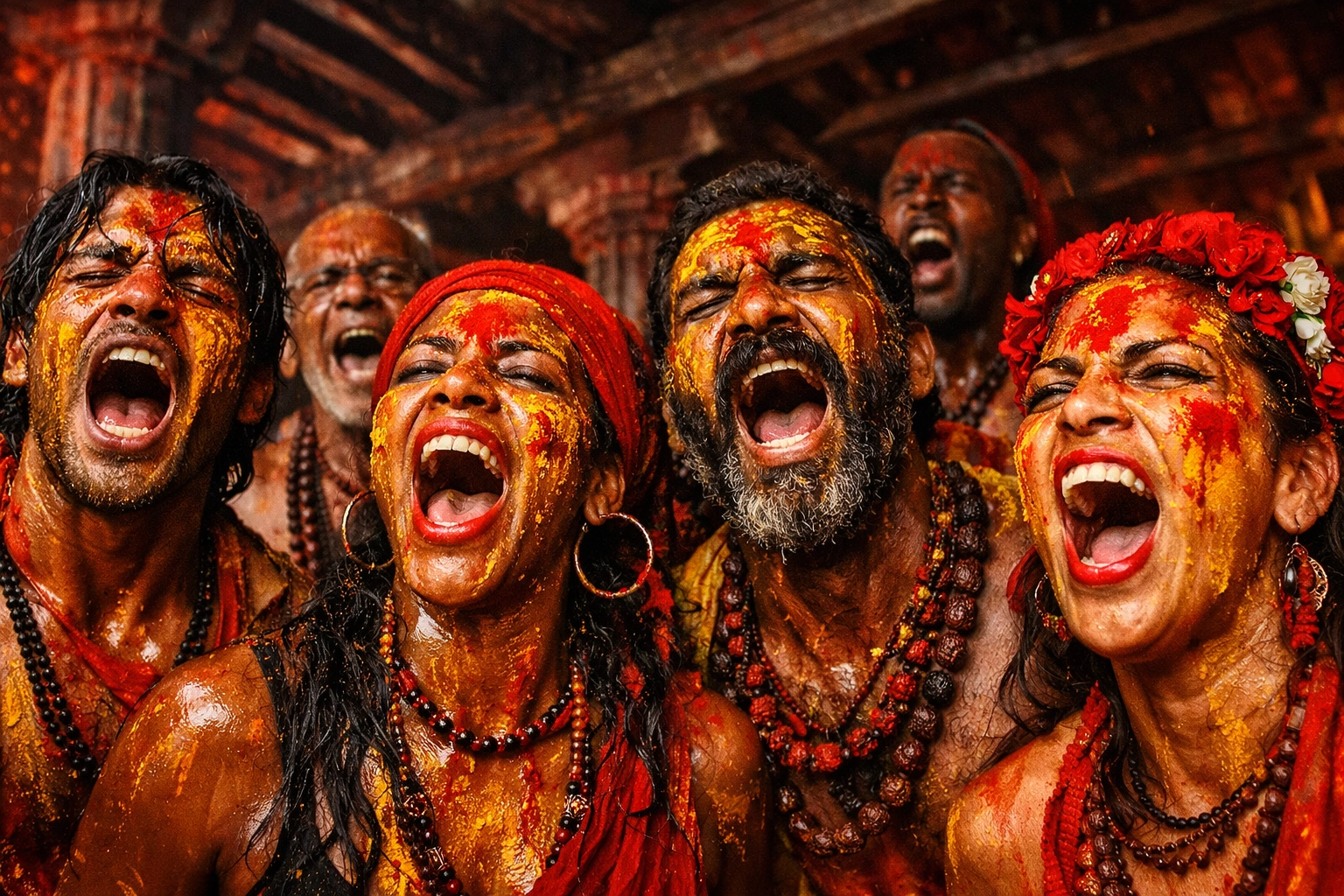 Devotees singing Bharani songs with turmeric-smeared faces at a South Indian Bhadrakali temple.