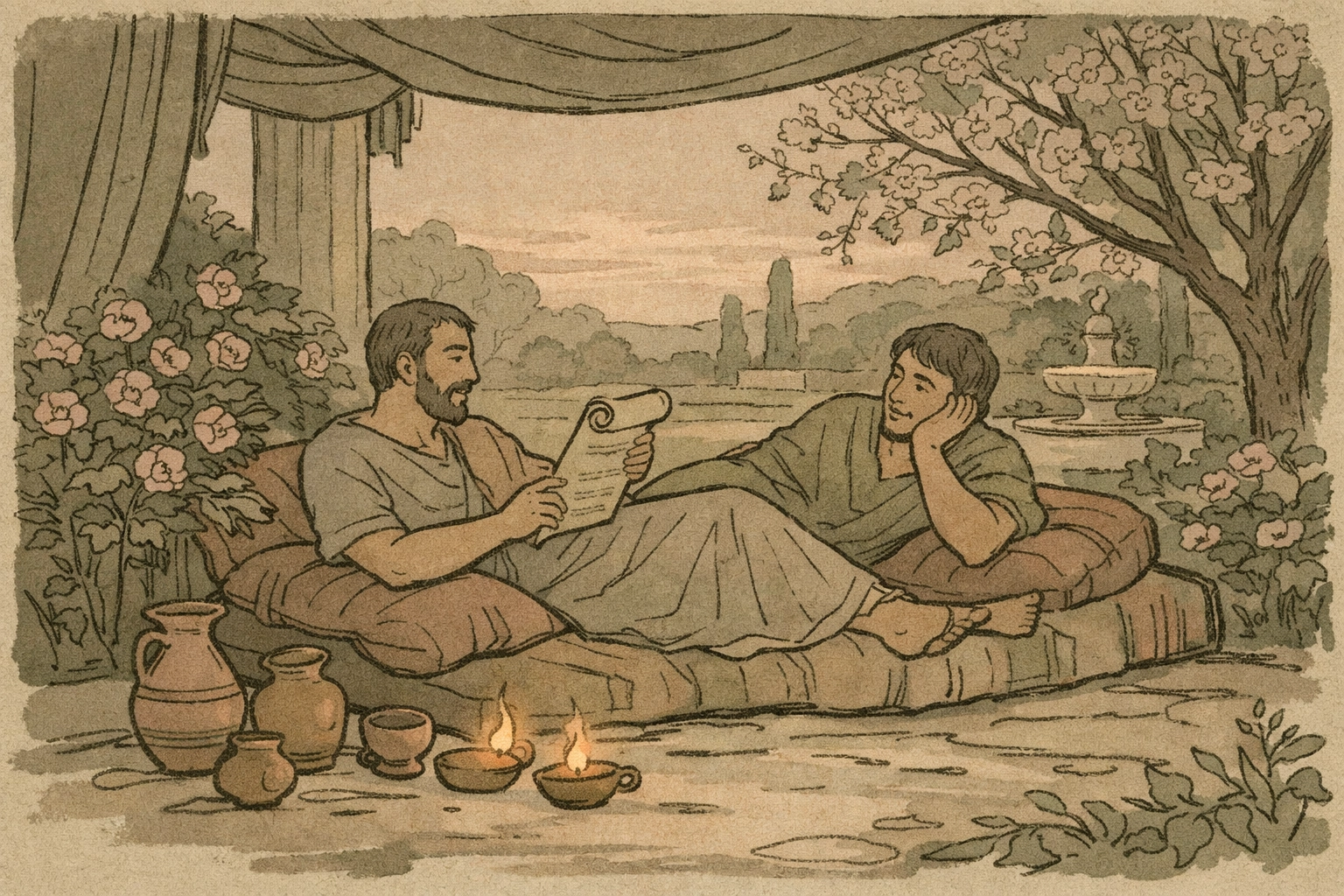 Male companions sharing scrolls in a private Roman garden at dusk in Pompeii