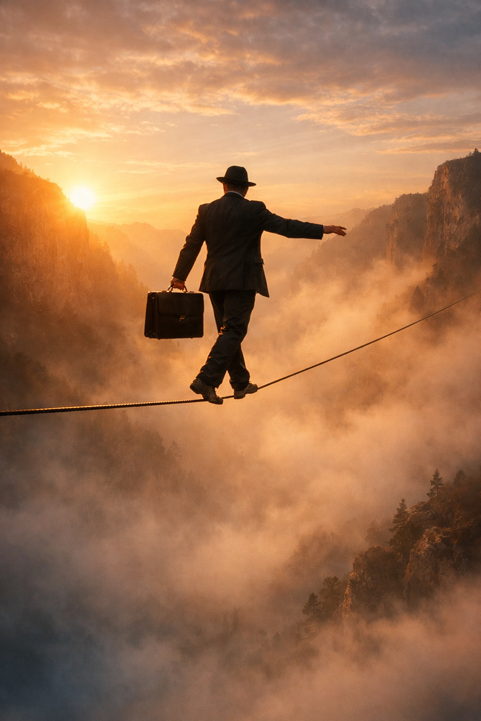 Tightrope walker balancing investment risk and reward for accredited investors