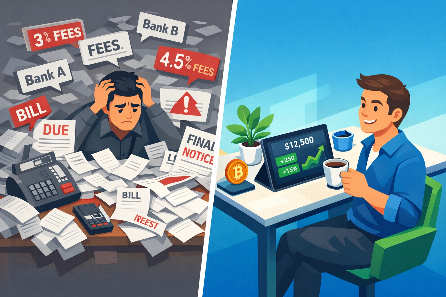 Comparison of traditional merchant payment processing fees versus low-cost crypto payment systems