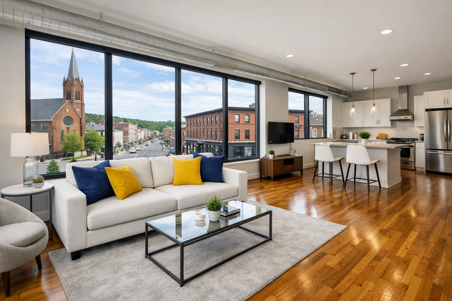 Bright, clutter-free apartment living room in Leominster after professional residential cleaning services.