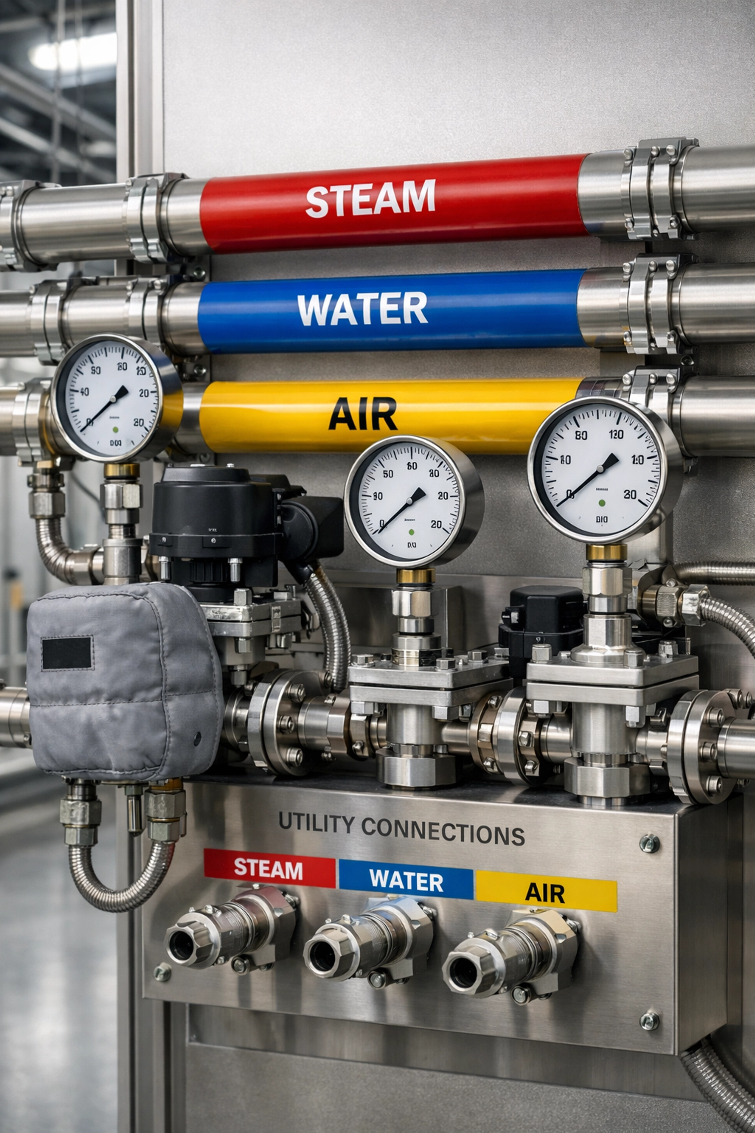 Industrial utility piping manifold for modular process skid connections and utility integration.