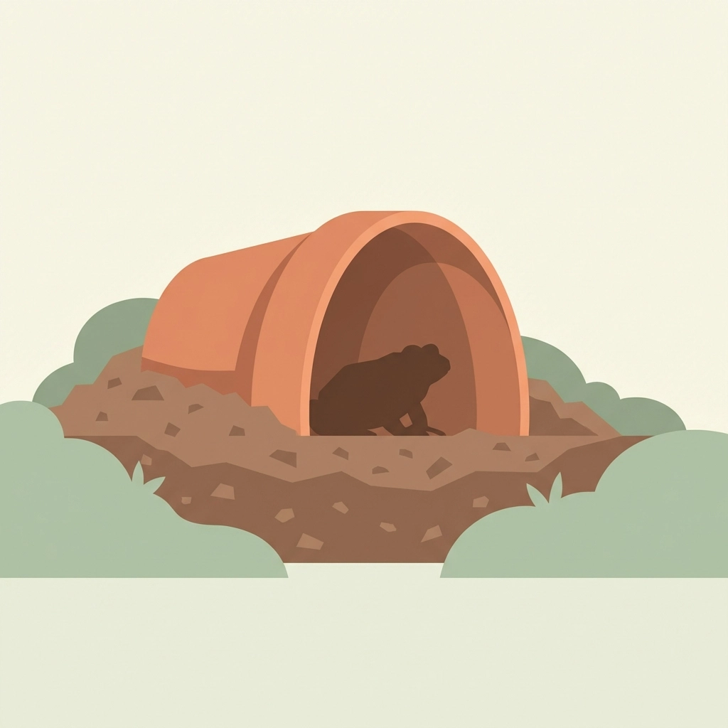 Cross-section illustration of a terracotta pot toad house half-buried in soil with a toad inside for garden shelter