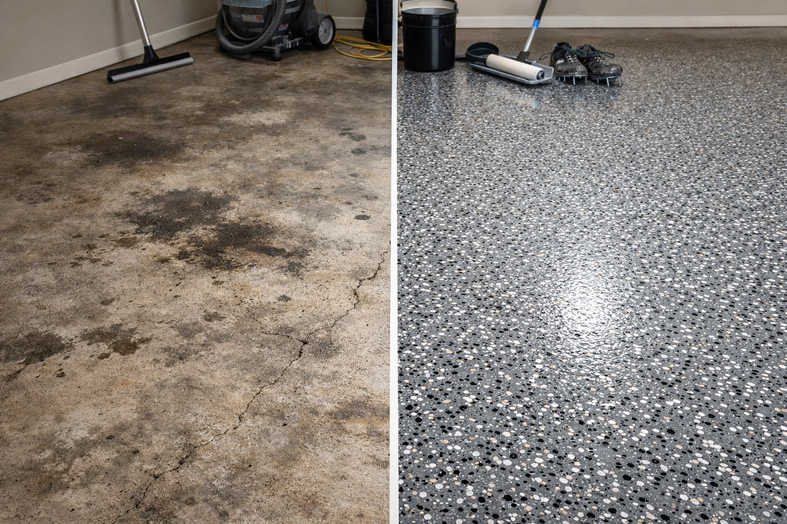 Before and after garage floor transformation with polyaspartic coating installation