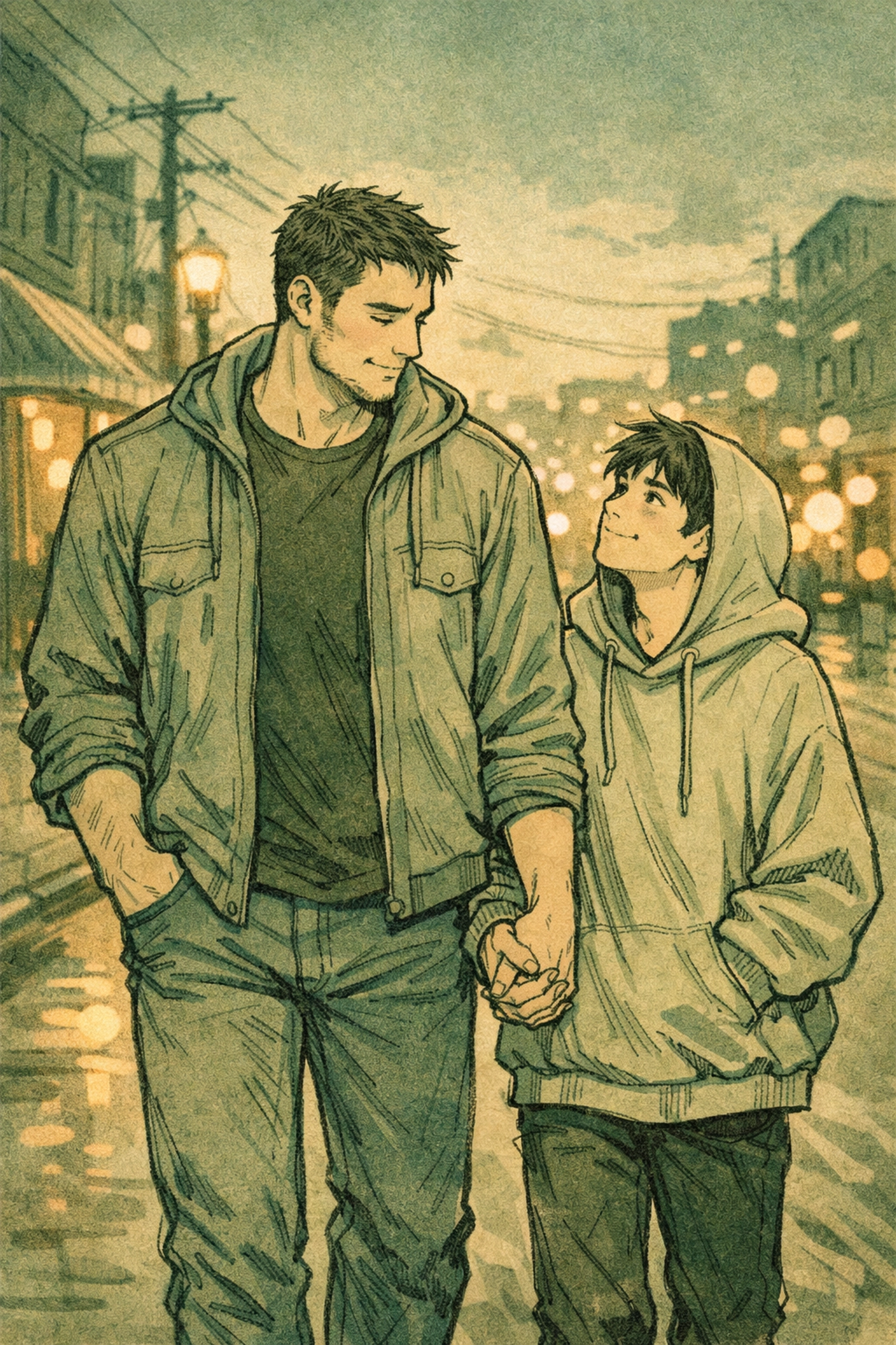 MM couple holding hands on city street showing physical contrast in gay romance