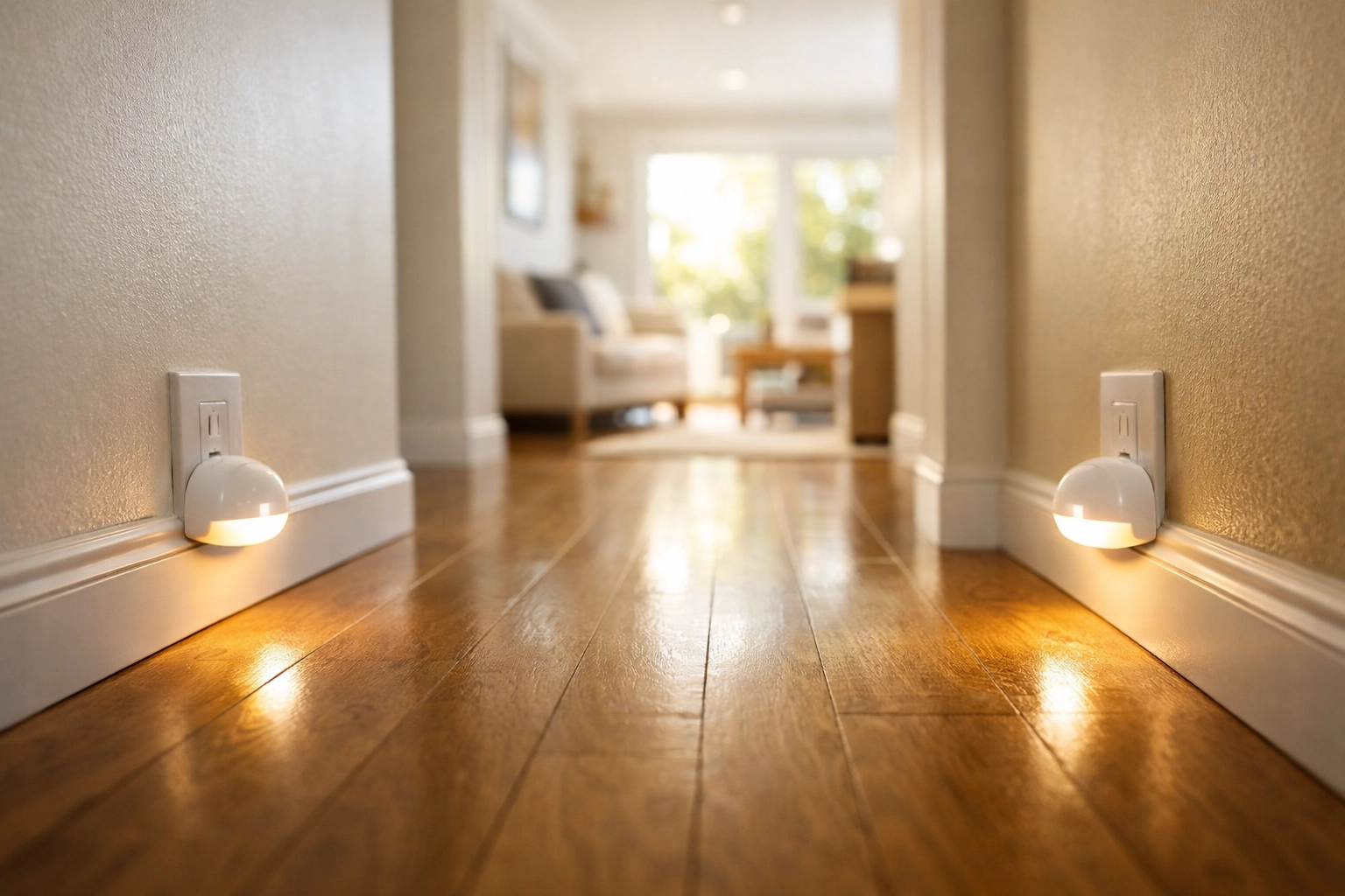 Motion-sensor night lights illuminate a clear wooden hallway for home fall prevention safety.