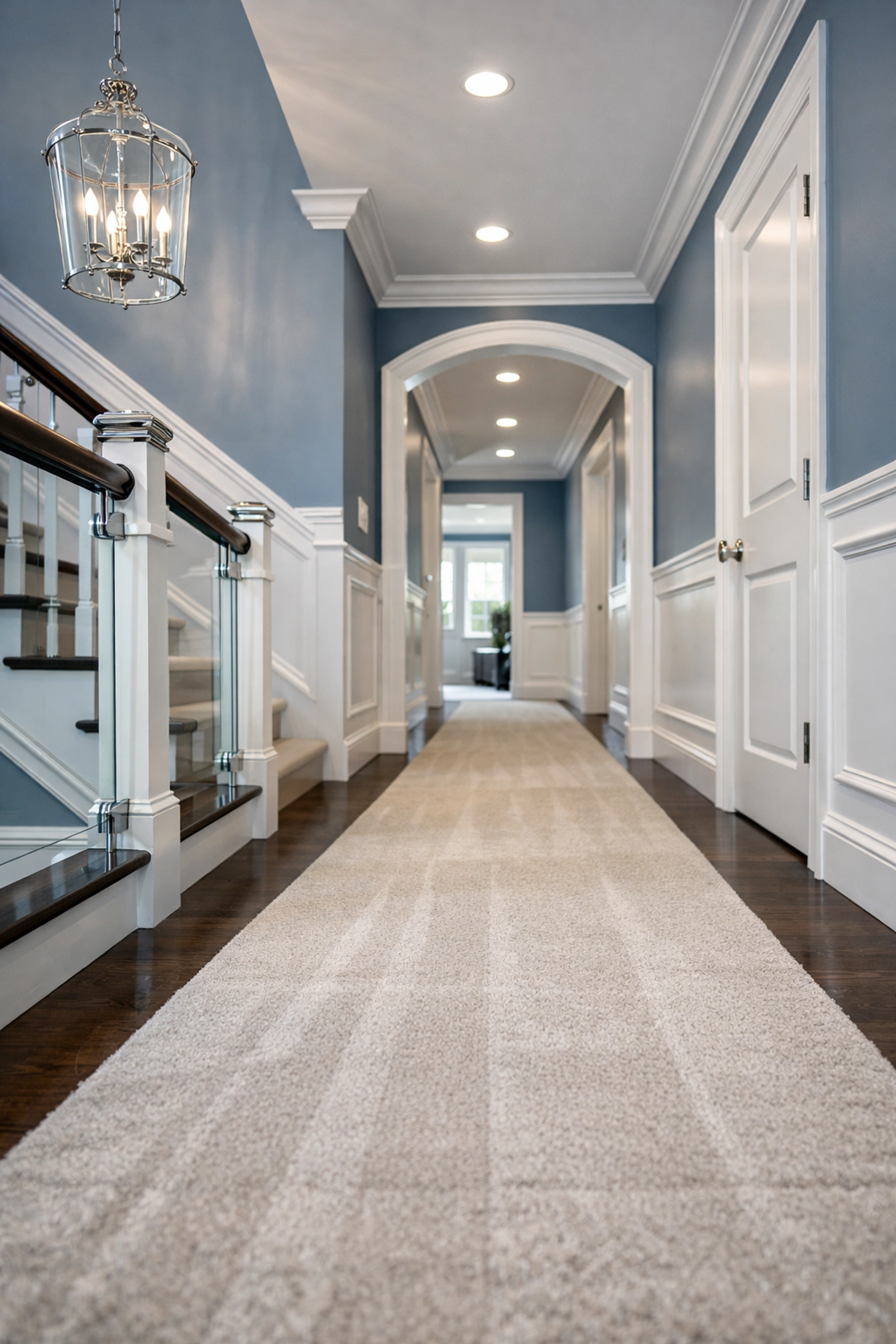 Post-construction deep cleaning services in a Boston home, showcasing a dust-free hallway and polished wood floors.