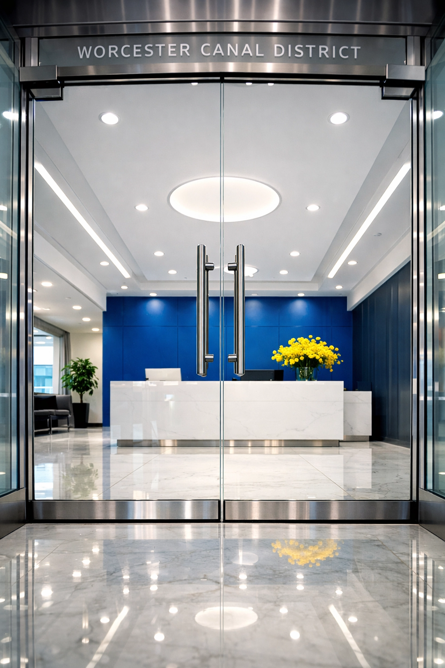 Spotless office lobby and reception area in the Worcester Canal District after professional cleaning.