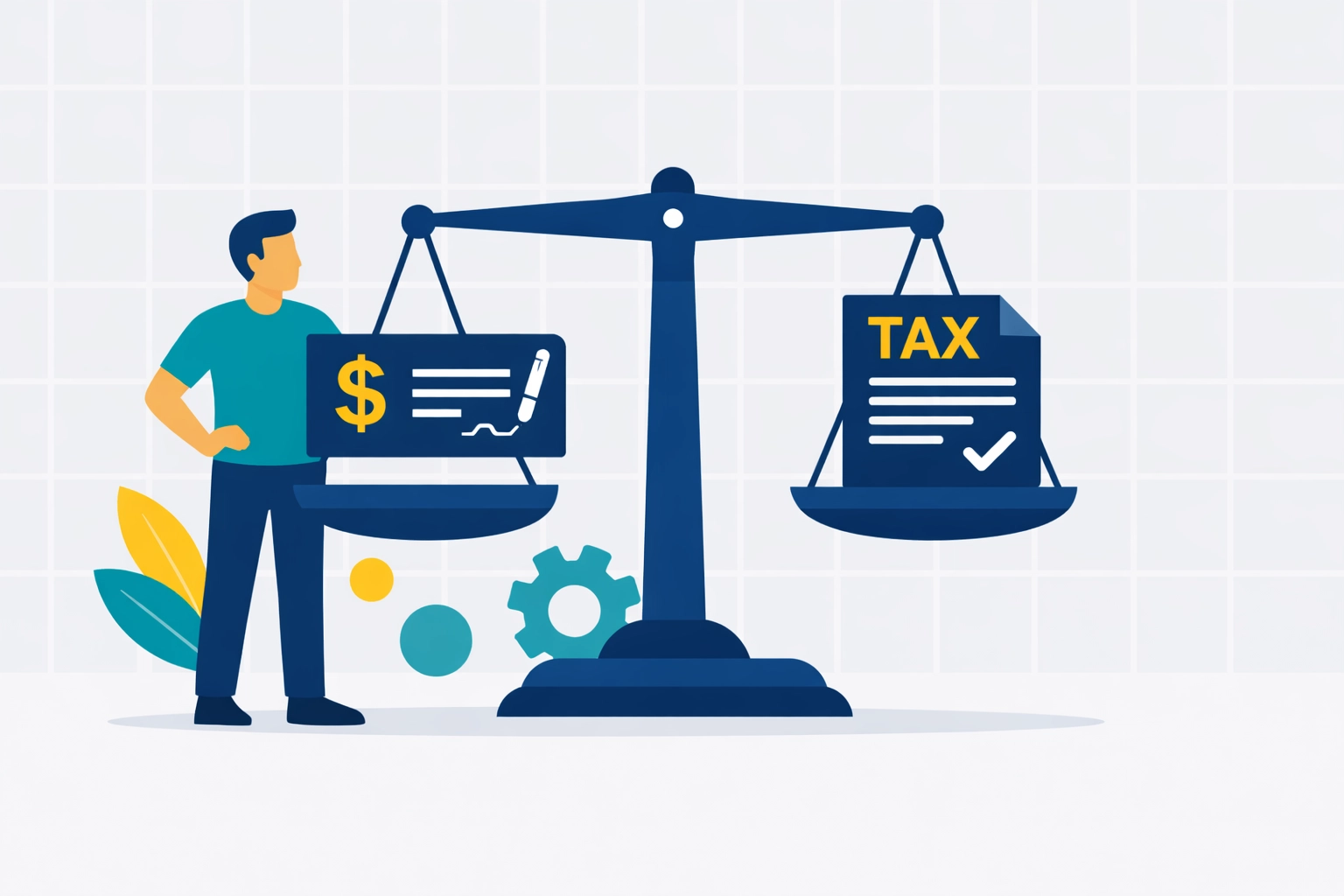 Illustration of a balance scale with paychecks and tax forms showing effective W-4 withholding planning.
