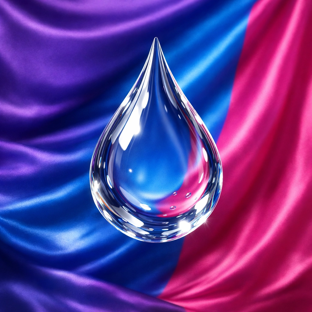 A clear drop of performance lubricant against a colorful background for smooth MM sex sessions.