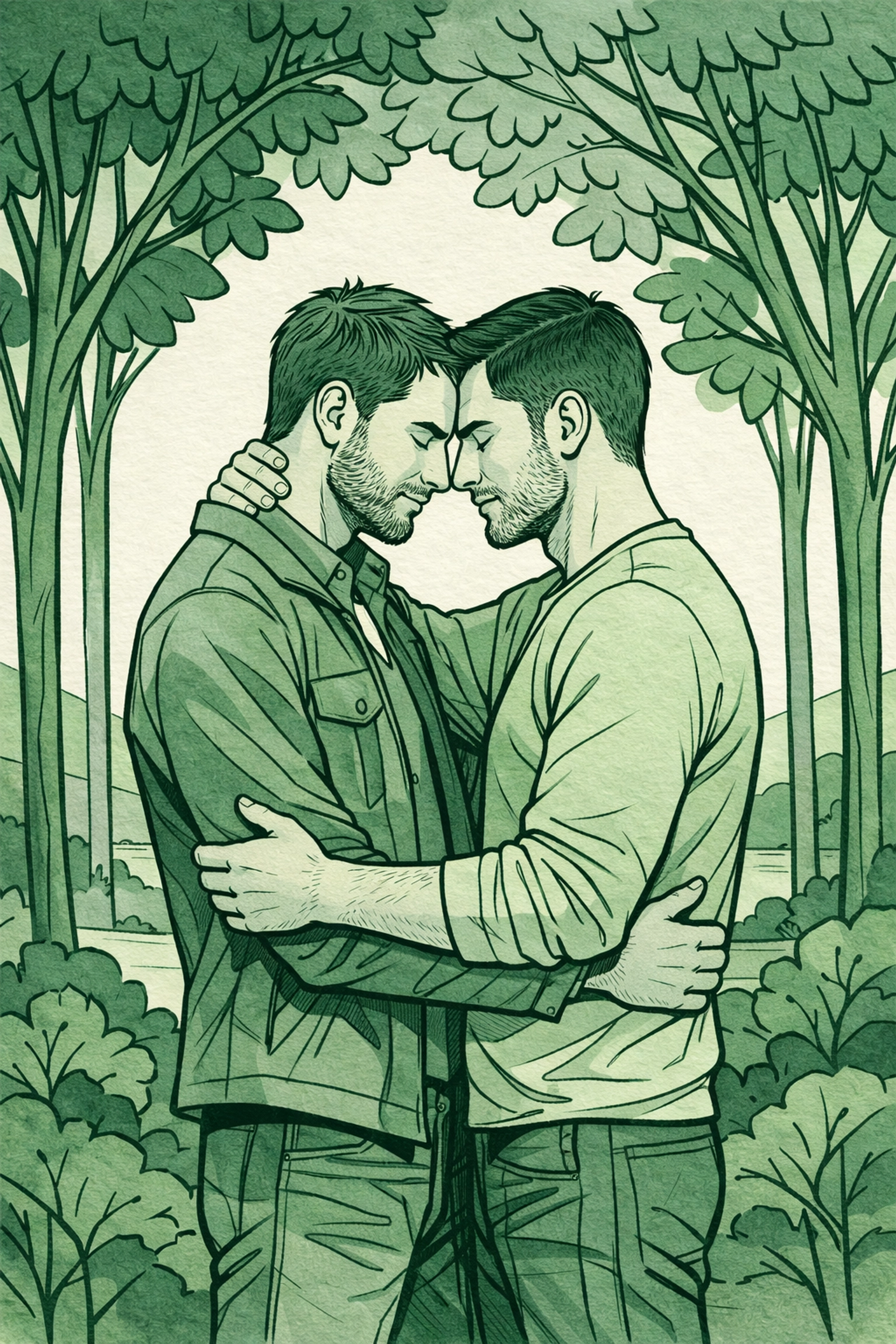 MM couple embracing under trees, representing committed and authentic bisexual representation in queer books.