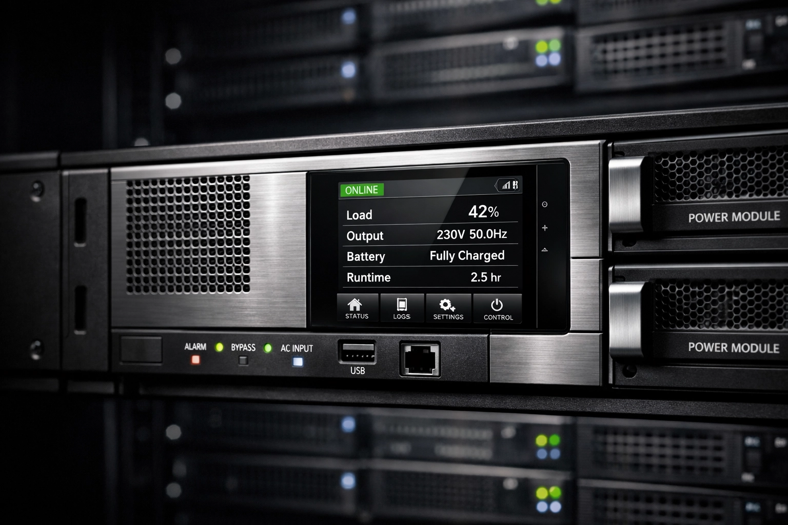 Modular UPS power protection unit with digital interface providing critical backup for IT server racks.