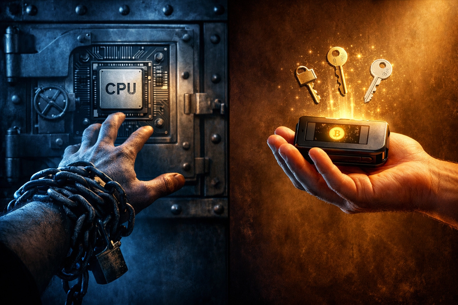 Self-custody crypto wallet versus custodial payment processor showing merchant financial freedom