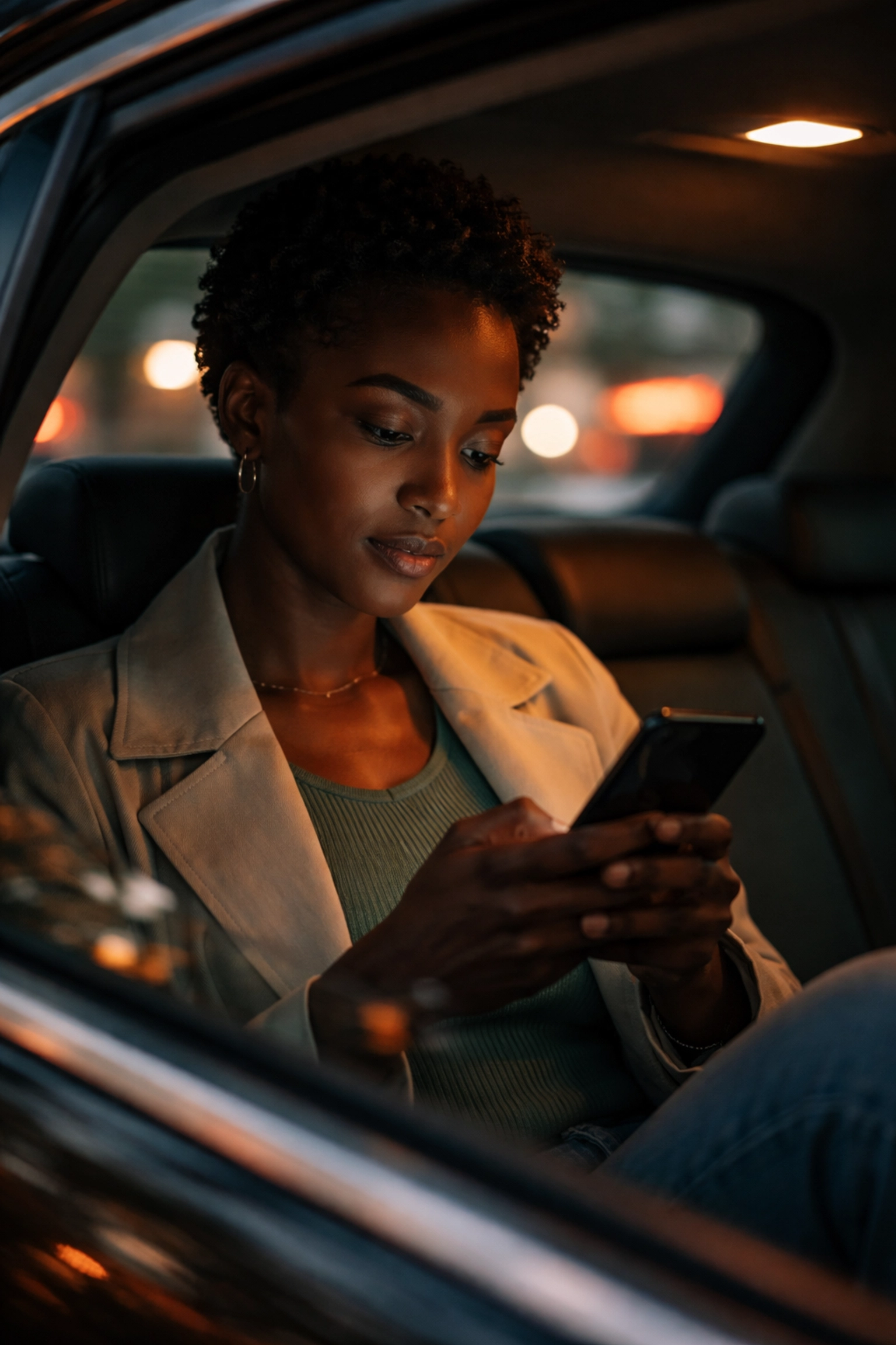 Person safely using a rideshare service, checking route on their phone, highlighting transgender friendly transportation tips