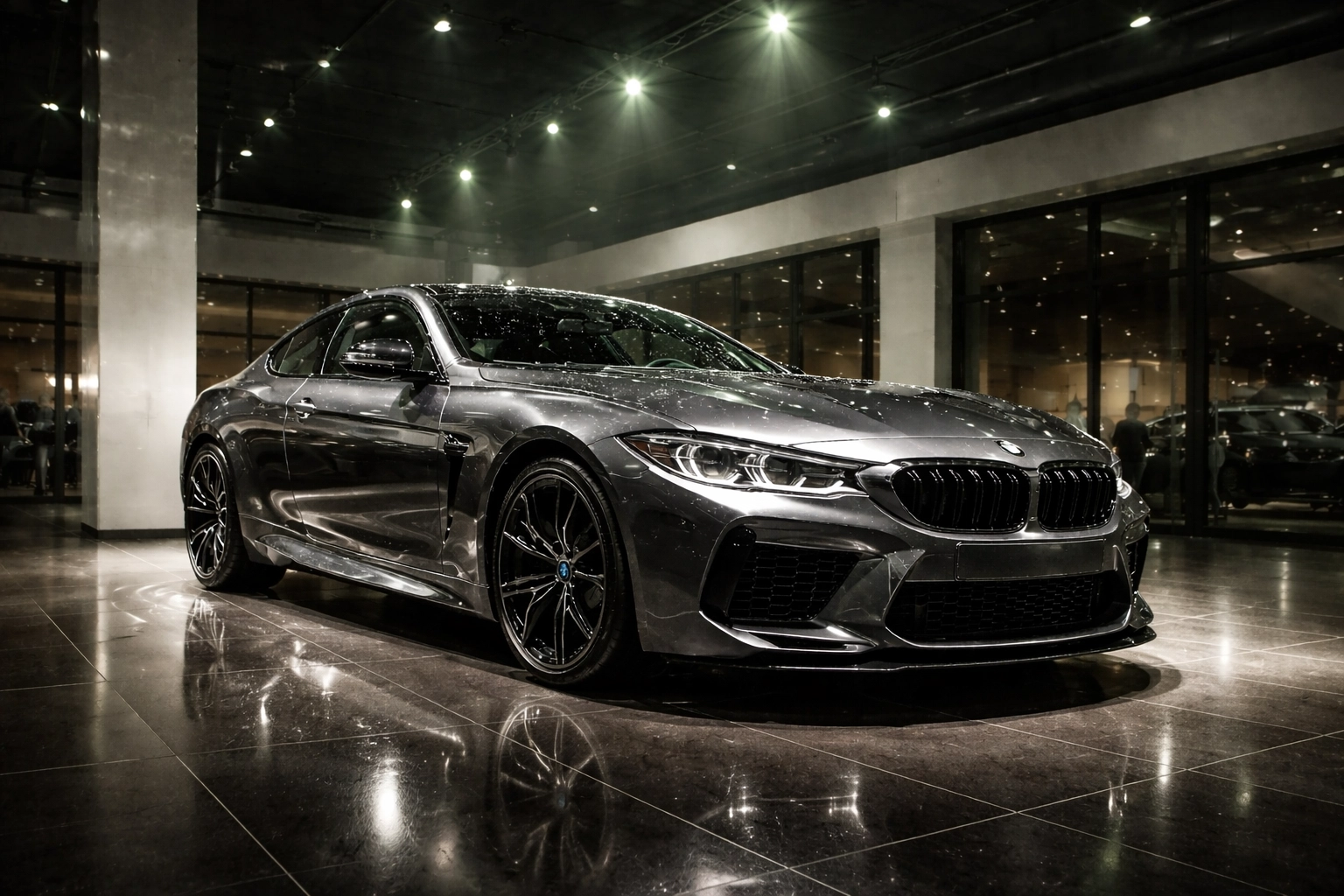 Luxury vehicle on showroom floor with ceramic-coated, high-gloss paintwork and car body protection