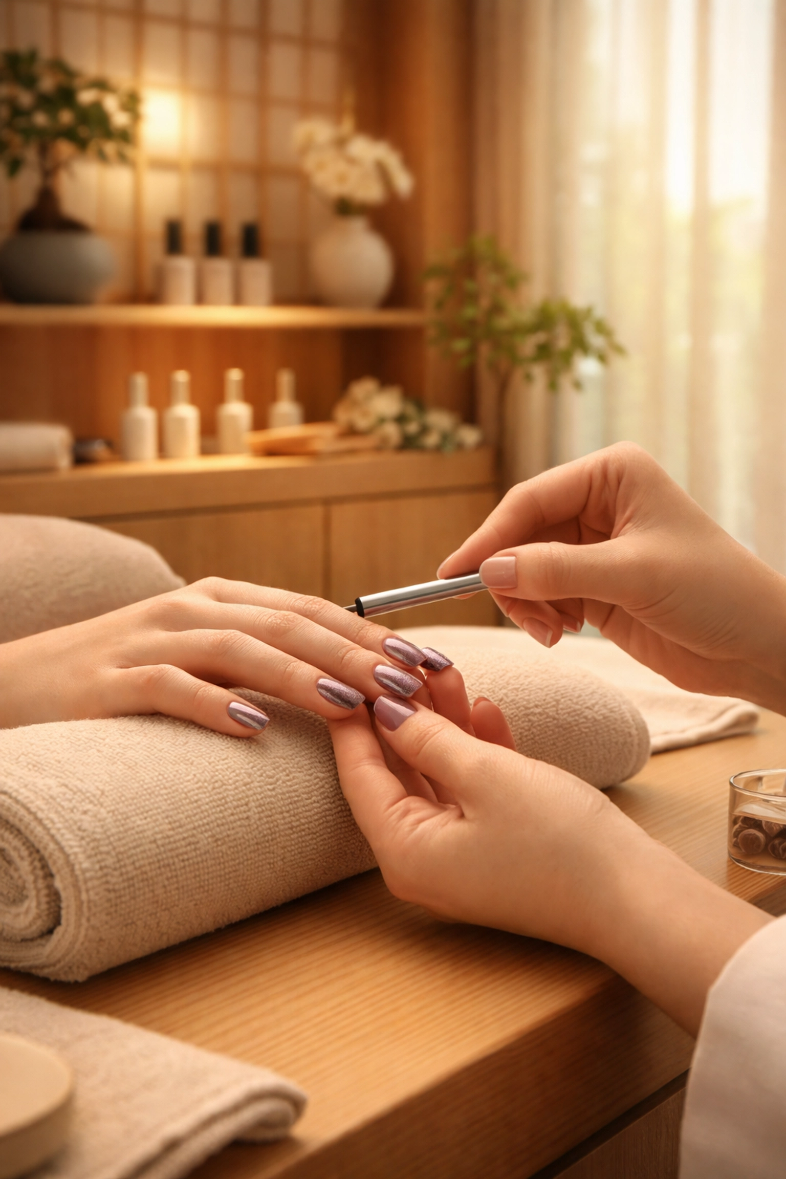 Japanese nail salon technician creating velvet cat-eye manicure in serene Boston area studio