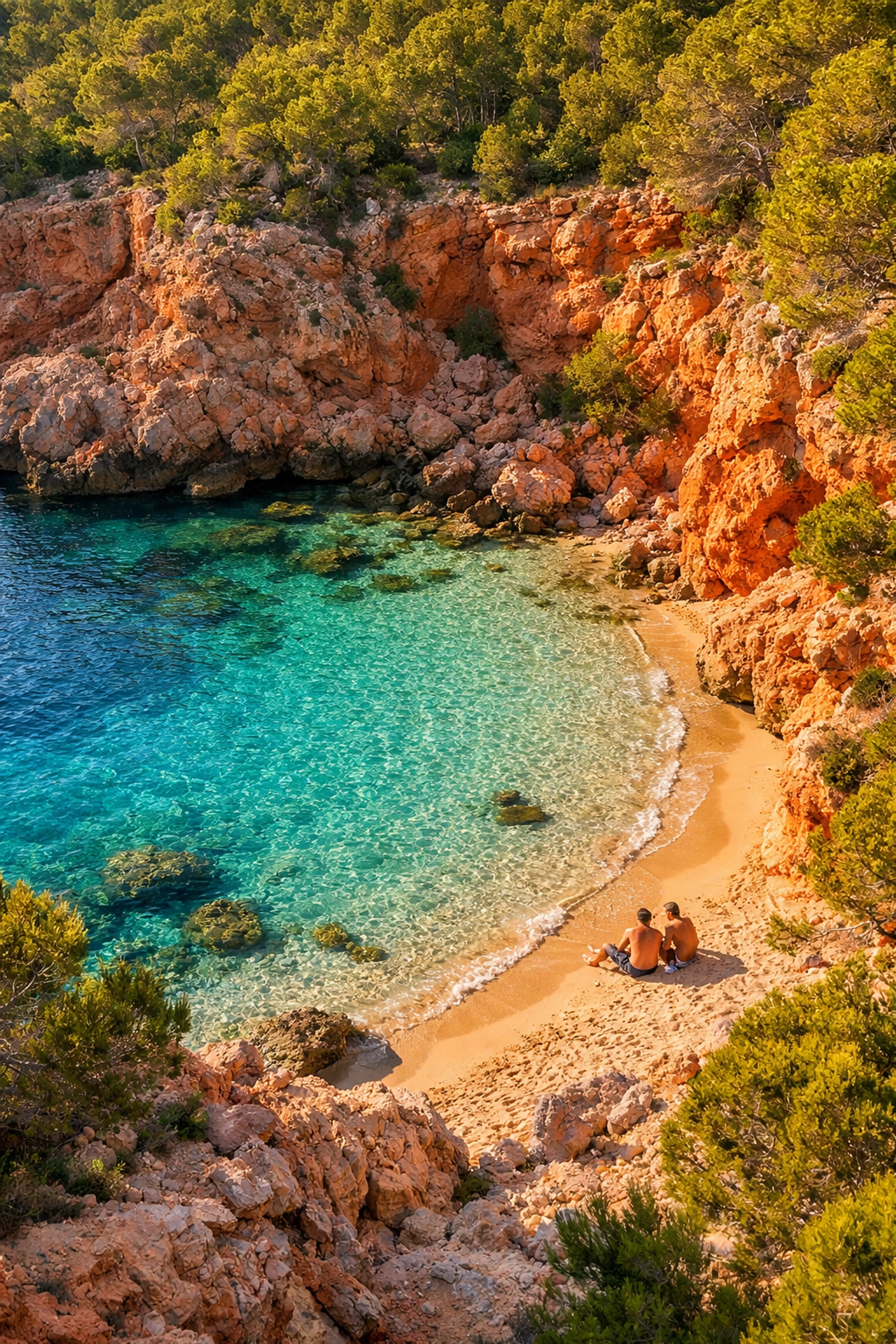 Secluded Ibiza cala with turquoise water perfect for gay honeymoon privacy