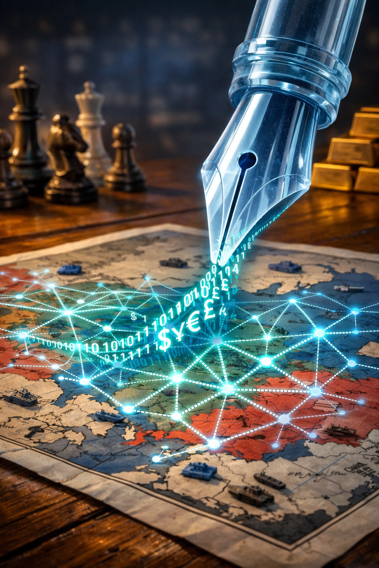 Tactical map with currency symbols showing the link between global monetary strategy and geopolitical conflict.