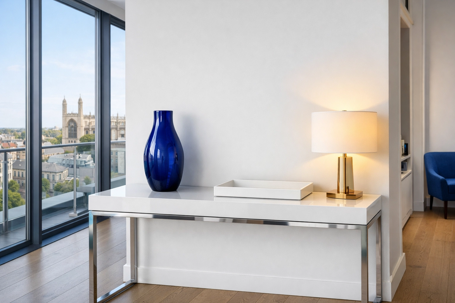 Organized luxury apartment entryway in Cambridge showcasing high-end apartment cleaning Massachusetts service results.