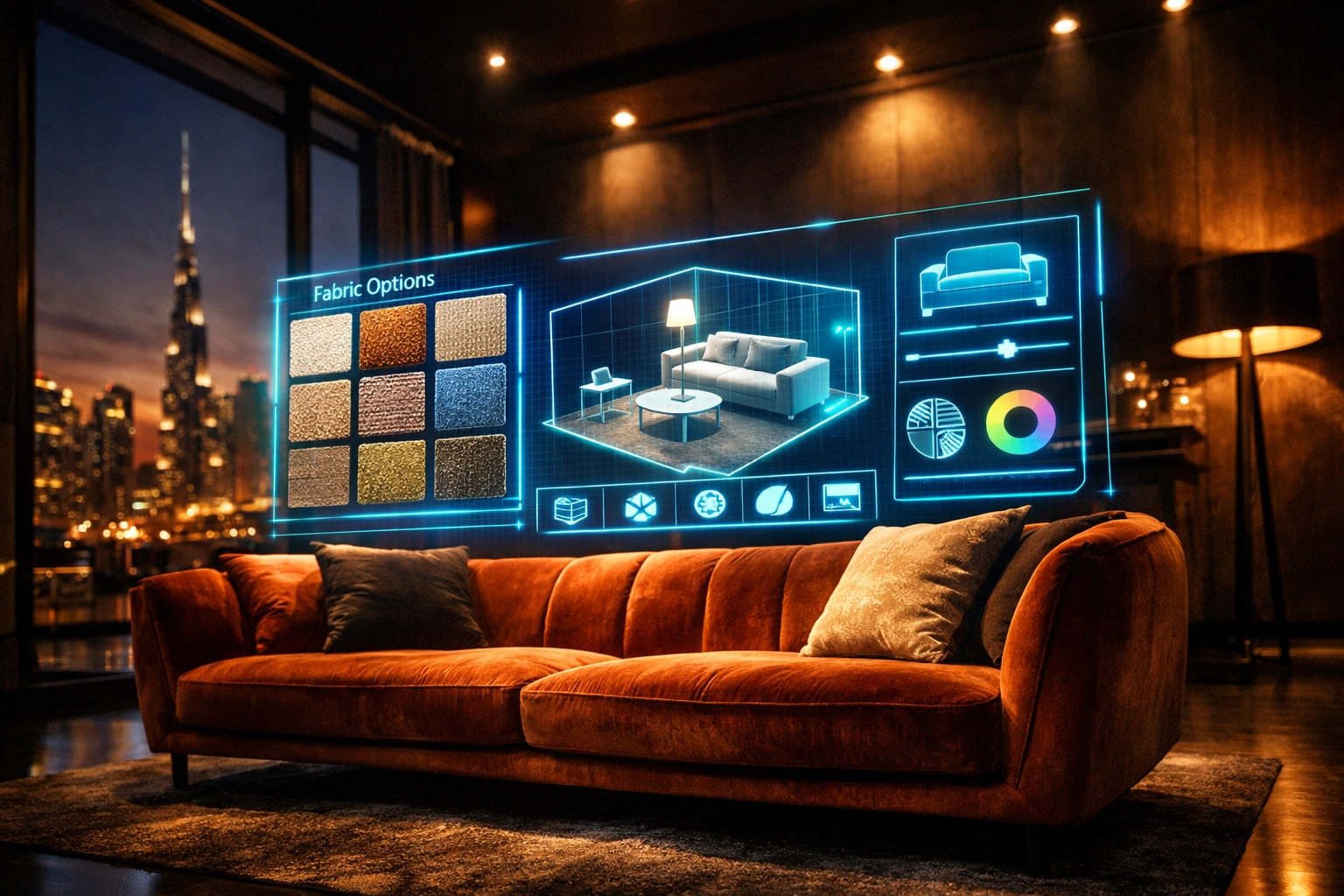 Luxury Dubai showroom featuring digital product visualization and customization tools