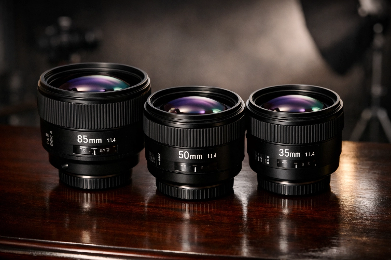 Essential prime lenses for portrait photography displayed in a professional studio setting.