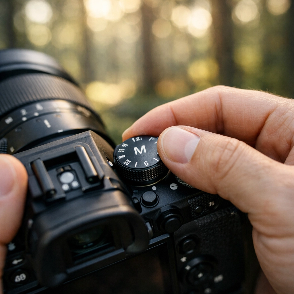 Photographer adjusting the mode dial to Manual Mode on a camera for a beginner’s settings guide.