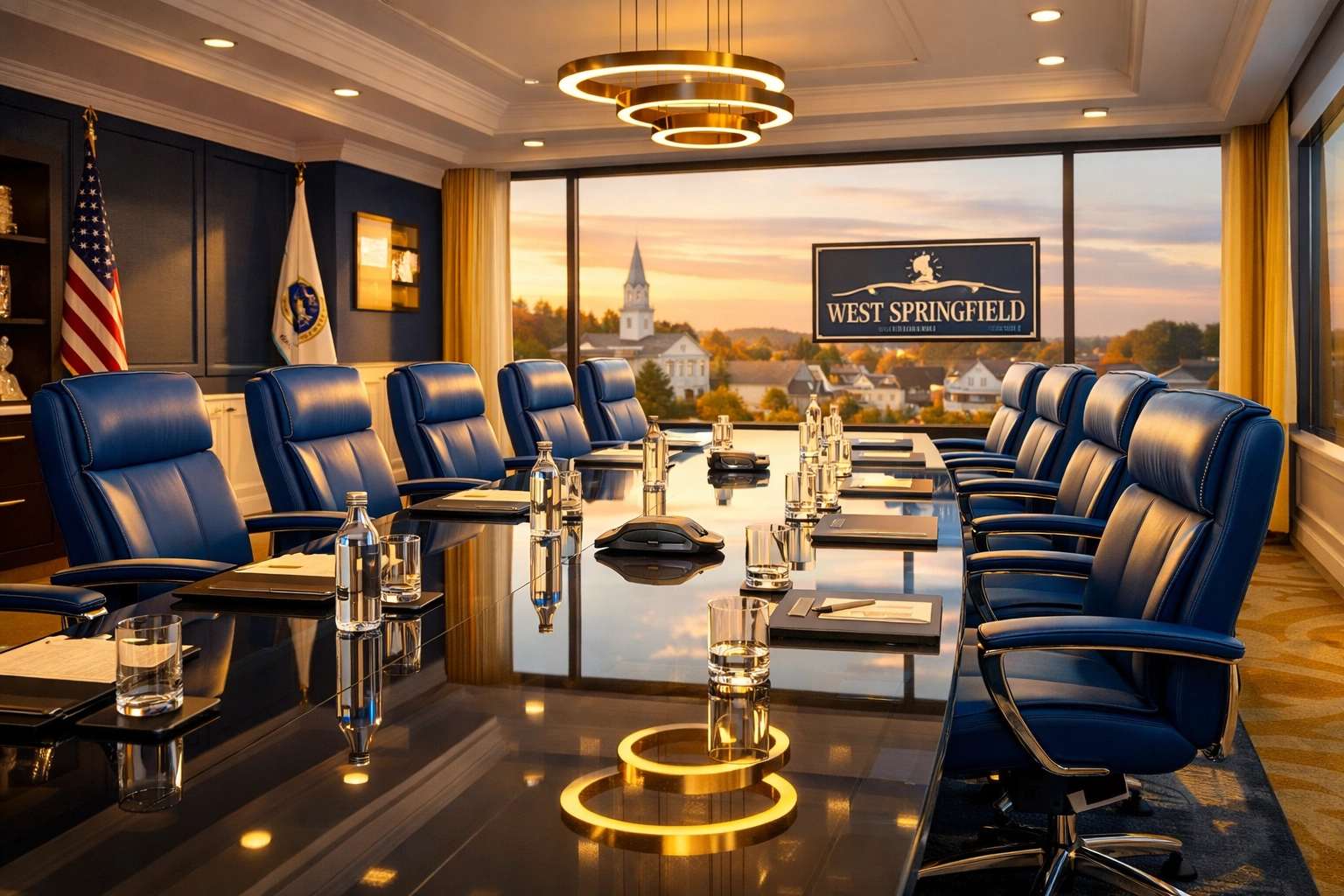 A pristine executive boardroom in West Springfield with a dust-free glass table and blue chairs.