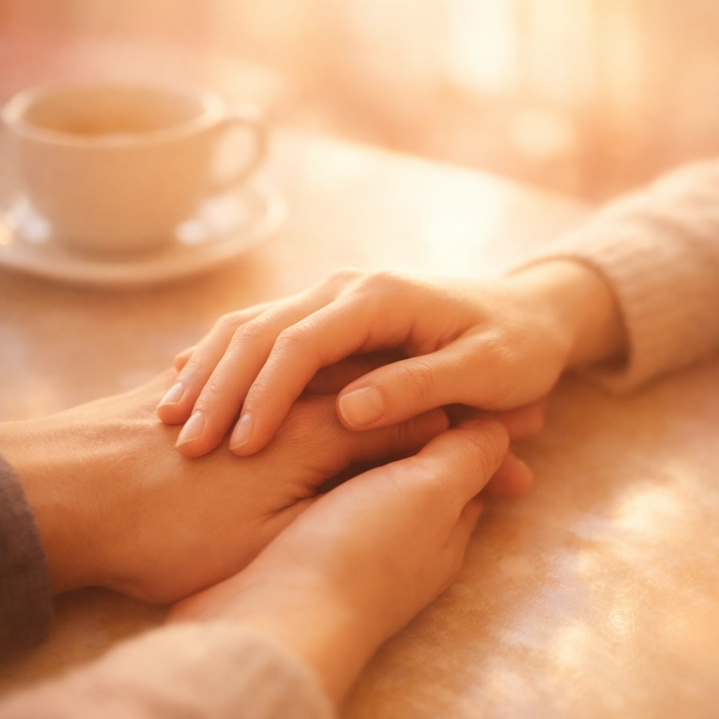 Two hands holding gently across a table representing emotional connection and relationship safety