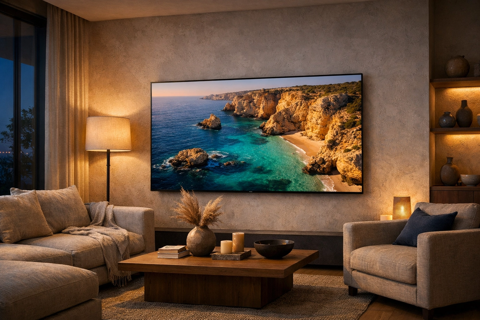 Cinematic travel footage on a living room television illustrating CTV advertising for travel agencies.