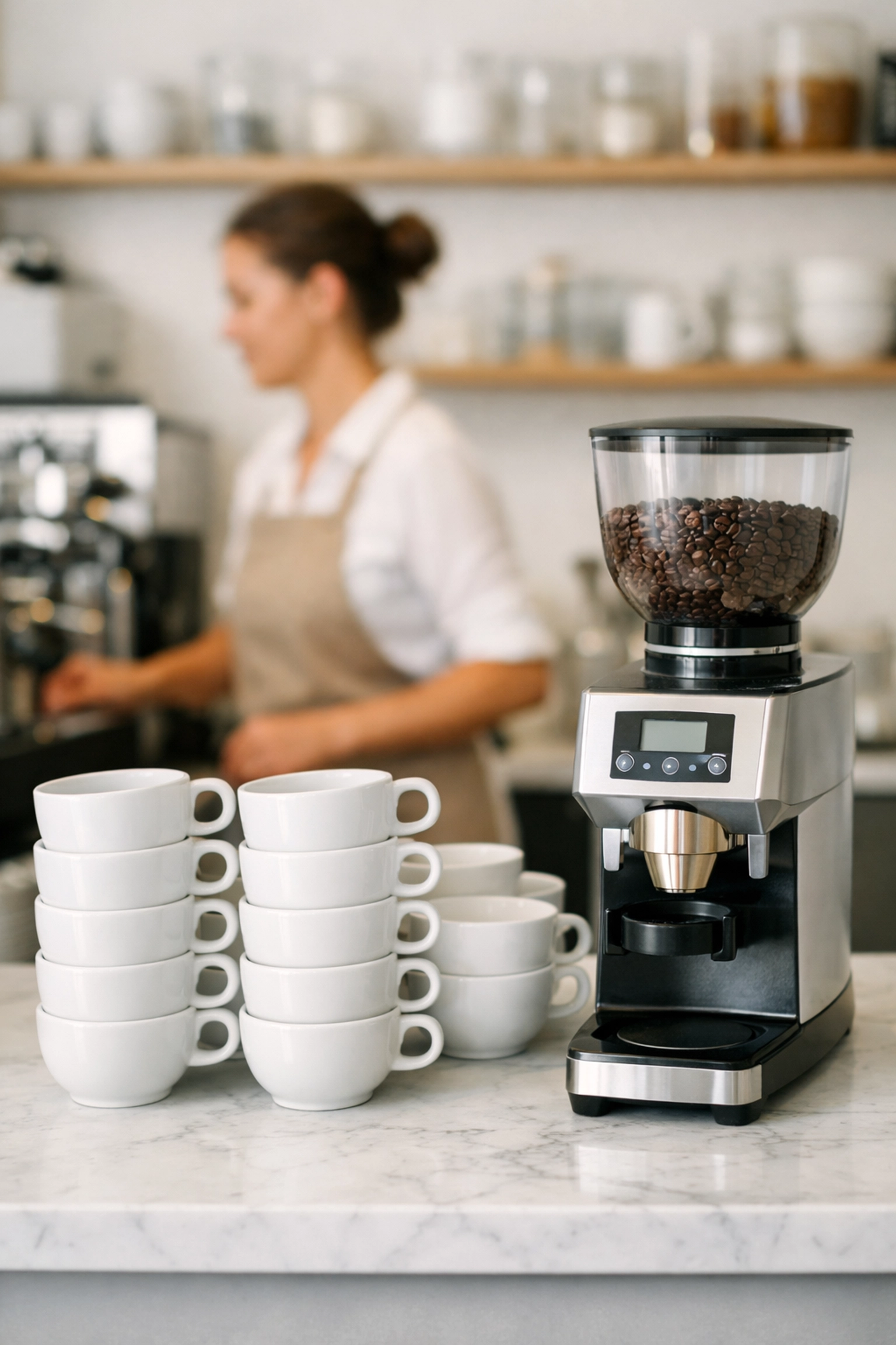 A well-organized coffee station with ceramic cups and a grinder, showing efficient cafe operations.