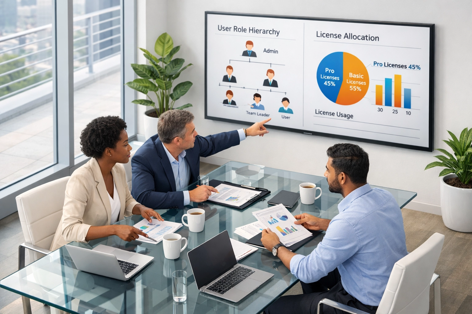 Business team reviewing ServiceNow role assignments and license optimization strategies in meeting