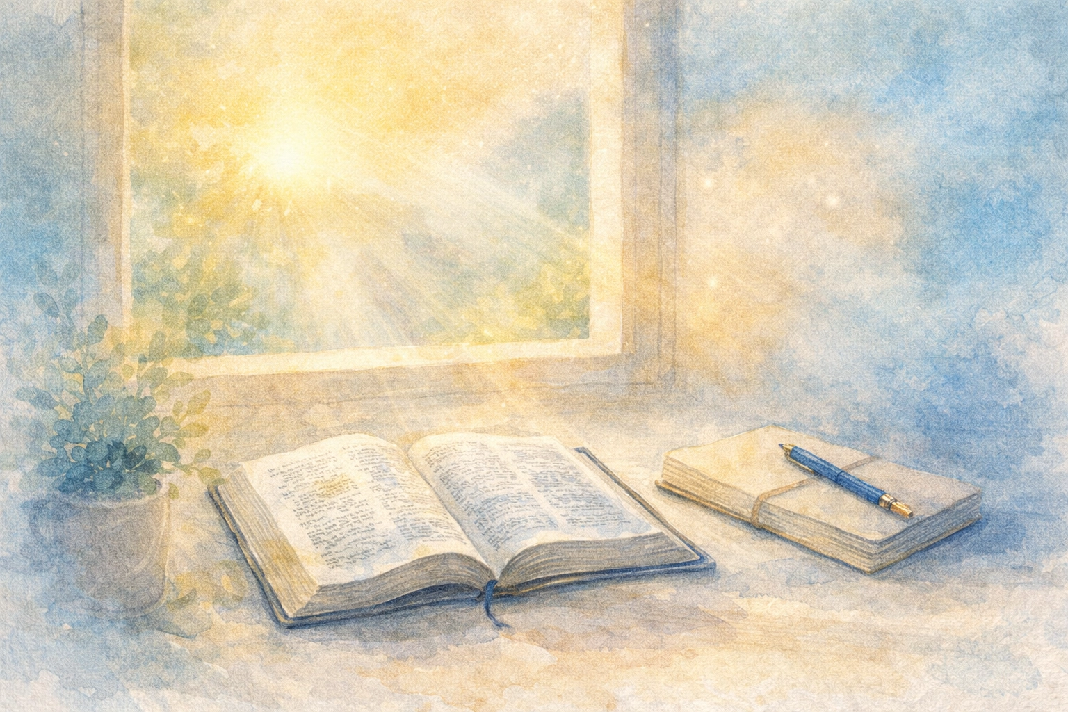 Contemplative watercolor Bible and journal by a sunlit window for mind renewal and spiritual resilience by Dr. Layne McDonald - www.laynemcdonald.com