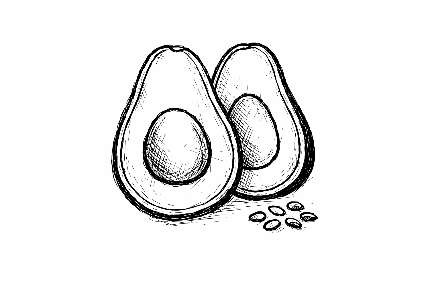 Minimalist line drawing of an avocado and seeds - healthy fats that can help support satiety