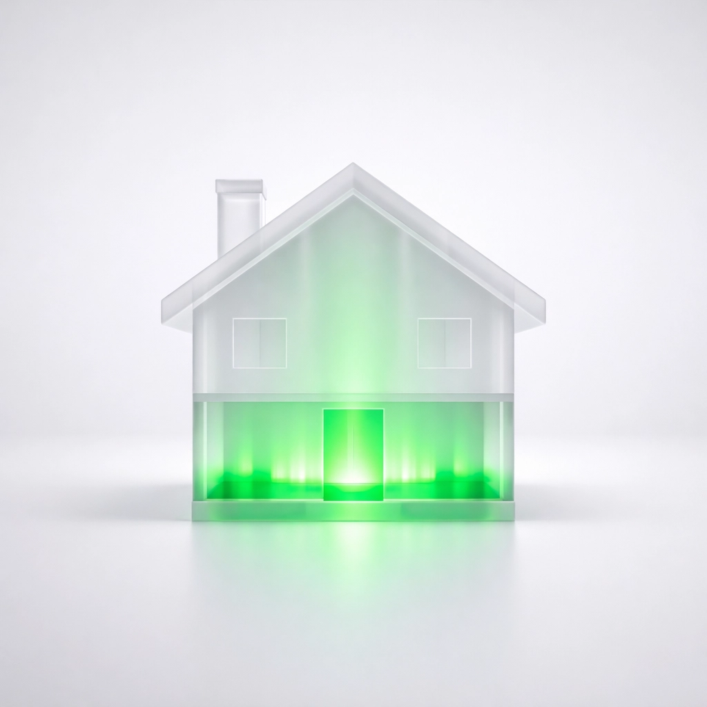 A modern glass house with a green foundation symbolizing growth and stable real estate financing.