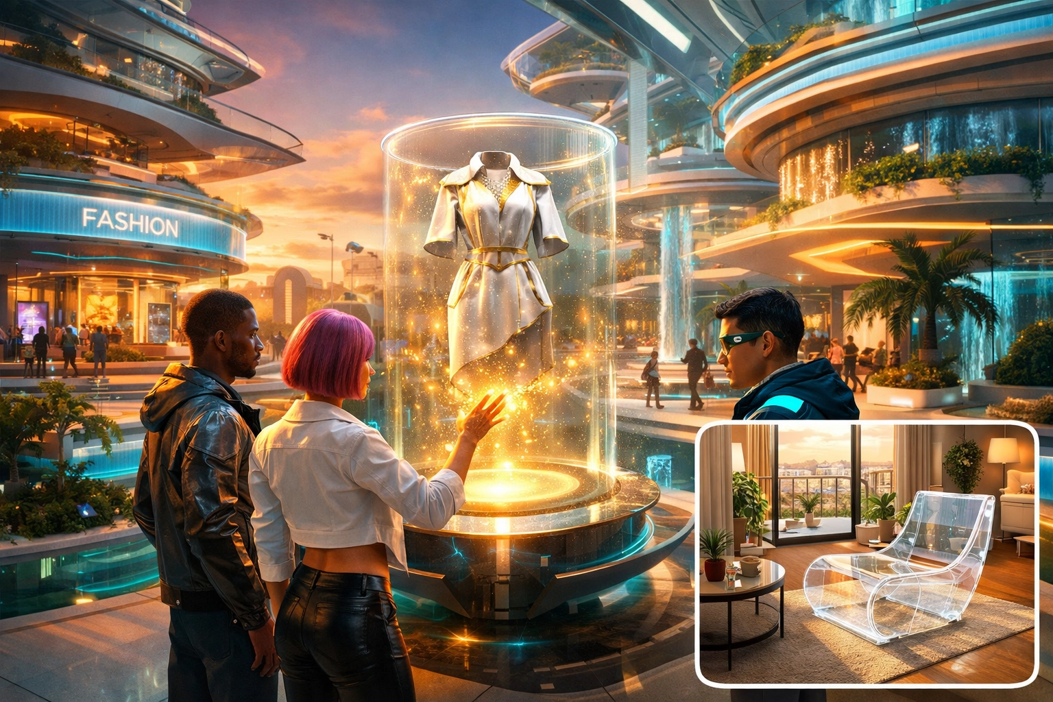 Avatars participating in social metaverse shopping with AR product overlays in a virtual mall.