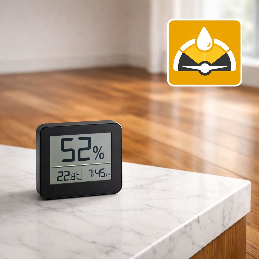 Digital hygrometer monitoring humidity levels for Chicago hardwood floor maintenance.