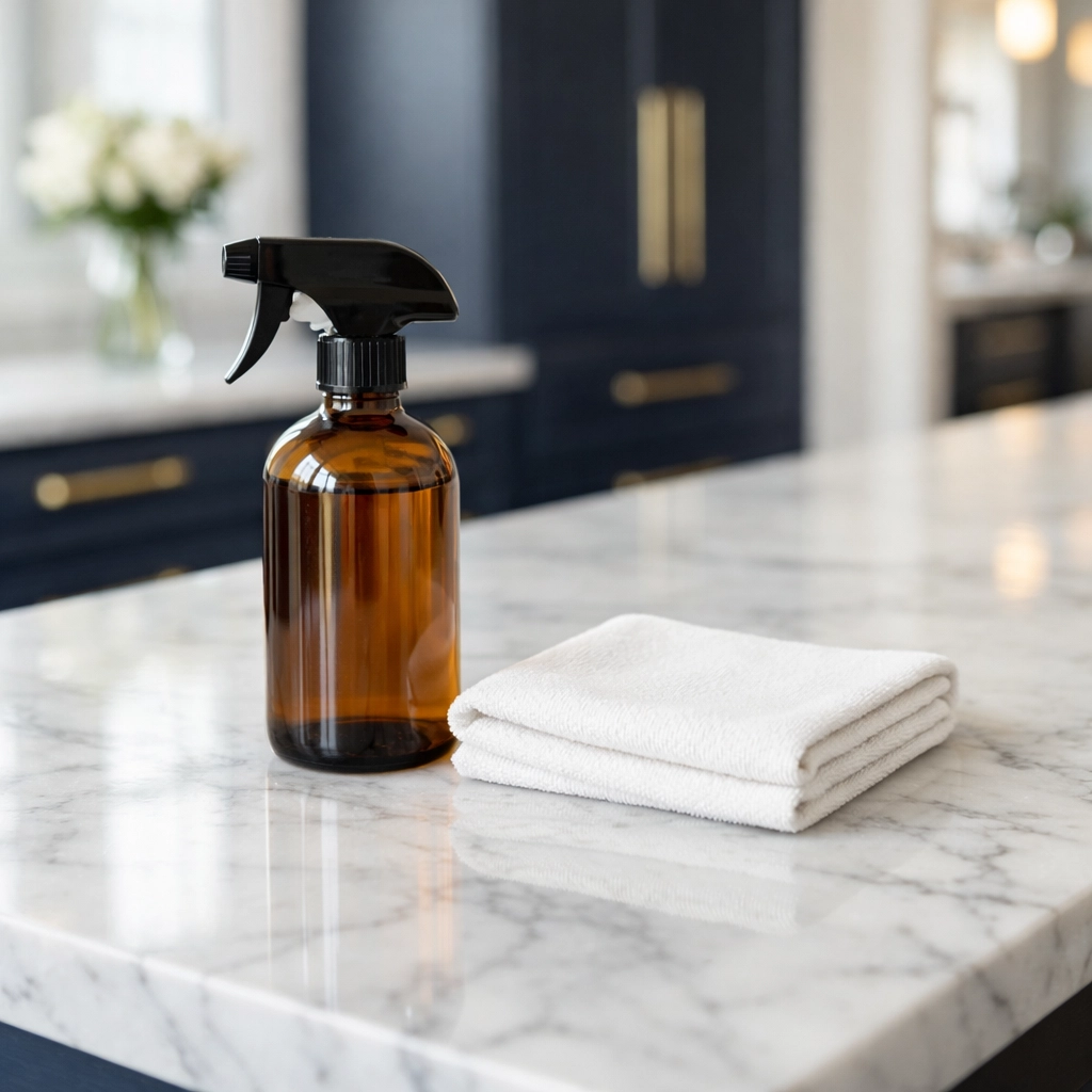 Eco-friendly products used for luxury residential cleaning in Hopkinton on marble surfaces.