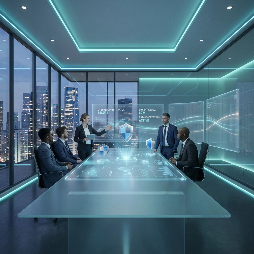 Business team collaborating around digital display highlights virtual CISO leadership in cybersecurity