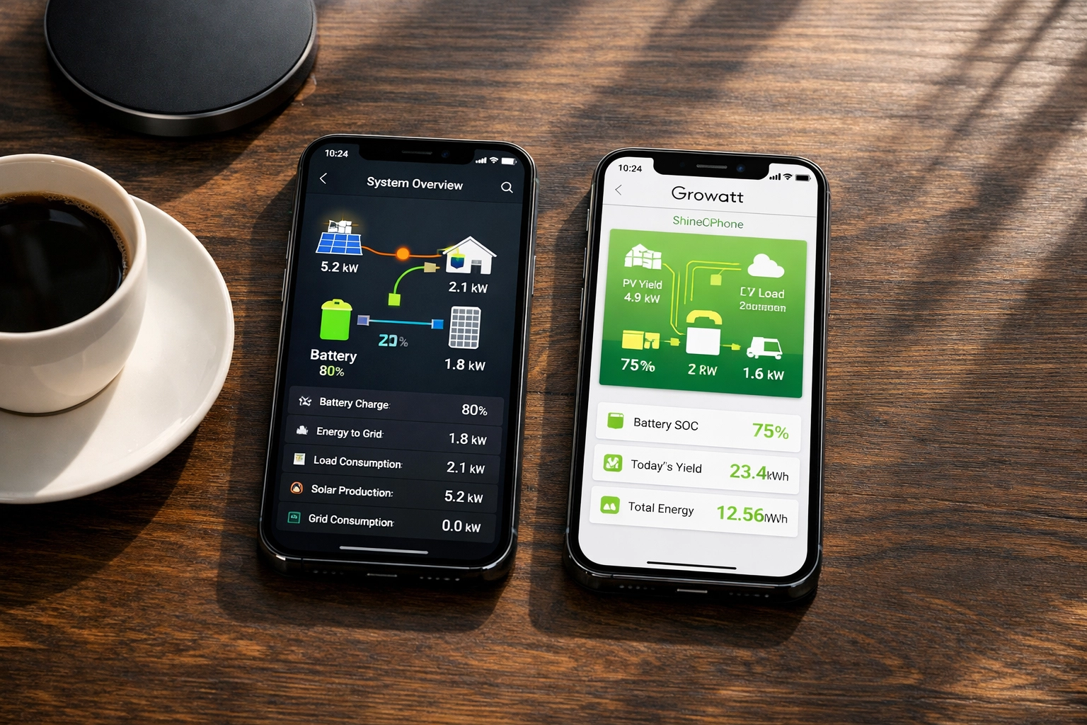 Fox ESS Cloud and Growatt ShinePhone app interfaces on smartphones