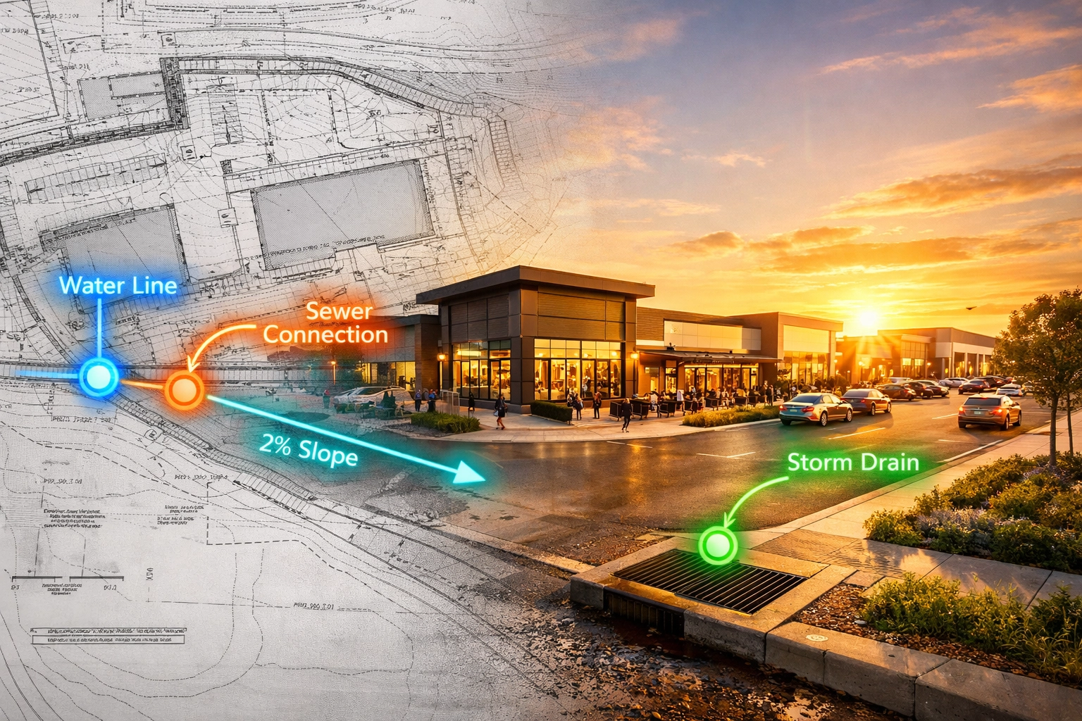 Professional site servicing and grading plan transitioning to a completed Ontario commercial development.