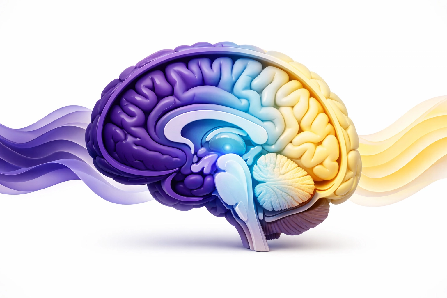 Brain visualization showing sleep cycle stages from light to deep sleep and REM
