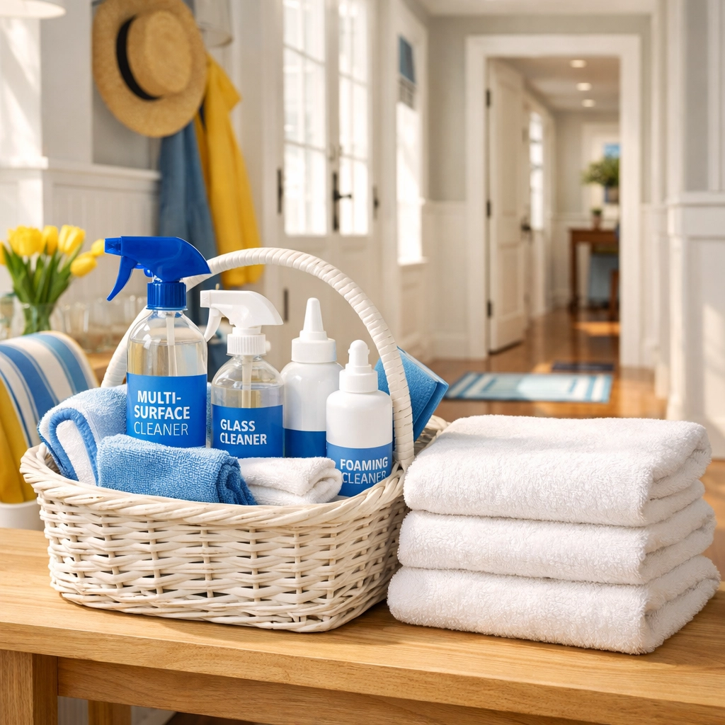 Professional cleaning supplies and organized basket ready for a deep house cleaning service in West Dennis.