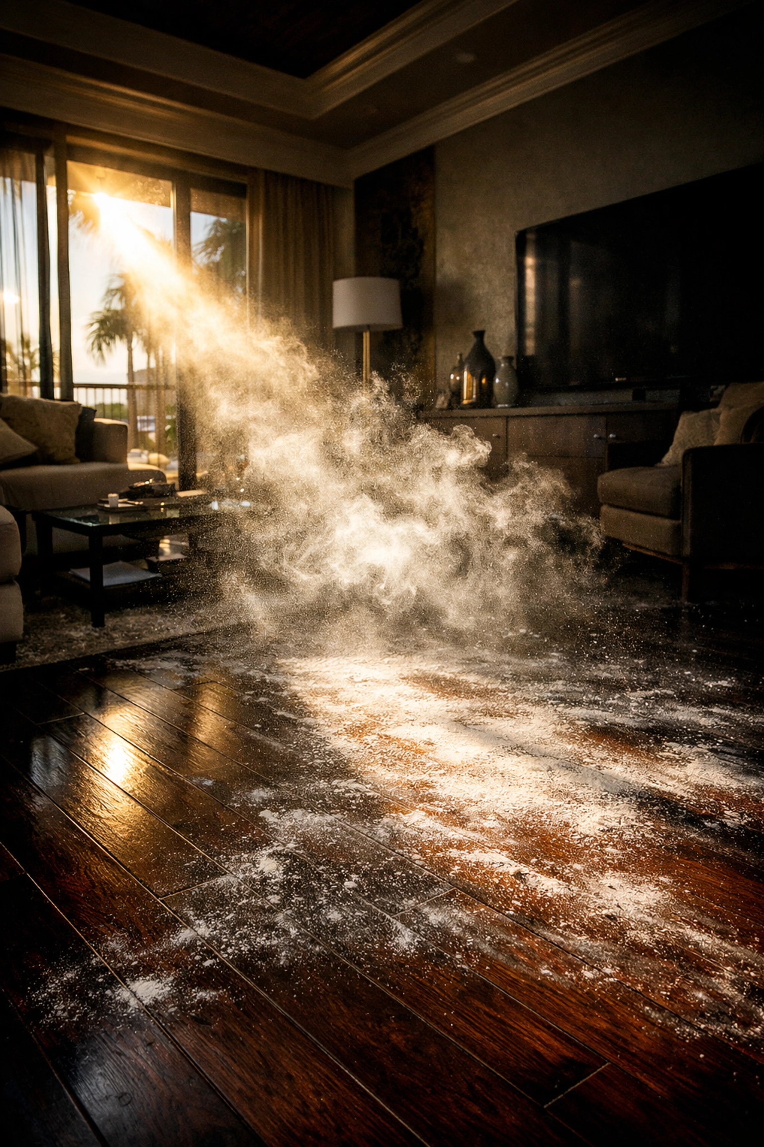 Airborne construction dust particles in a sunlit Orlando home requiring professional deep cleaning.