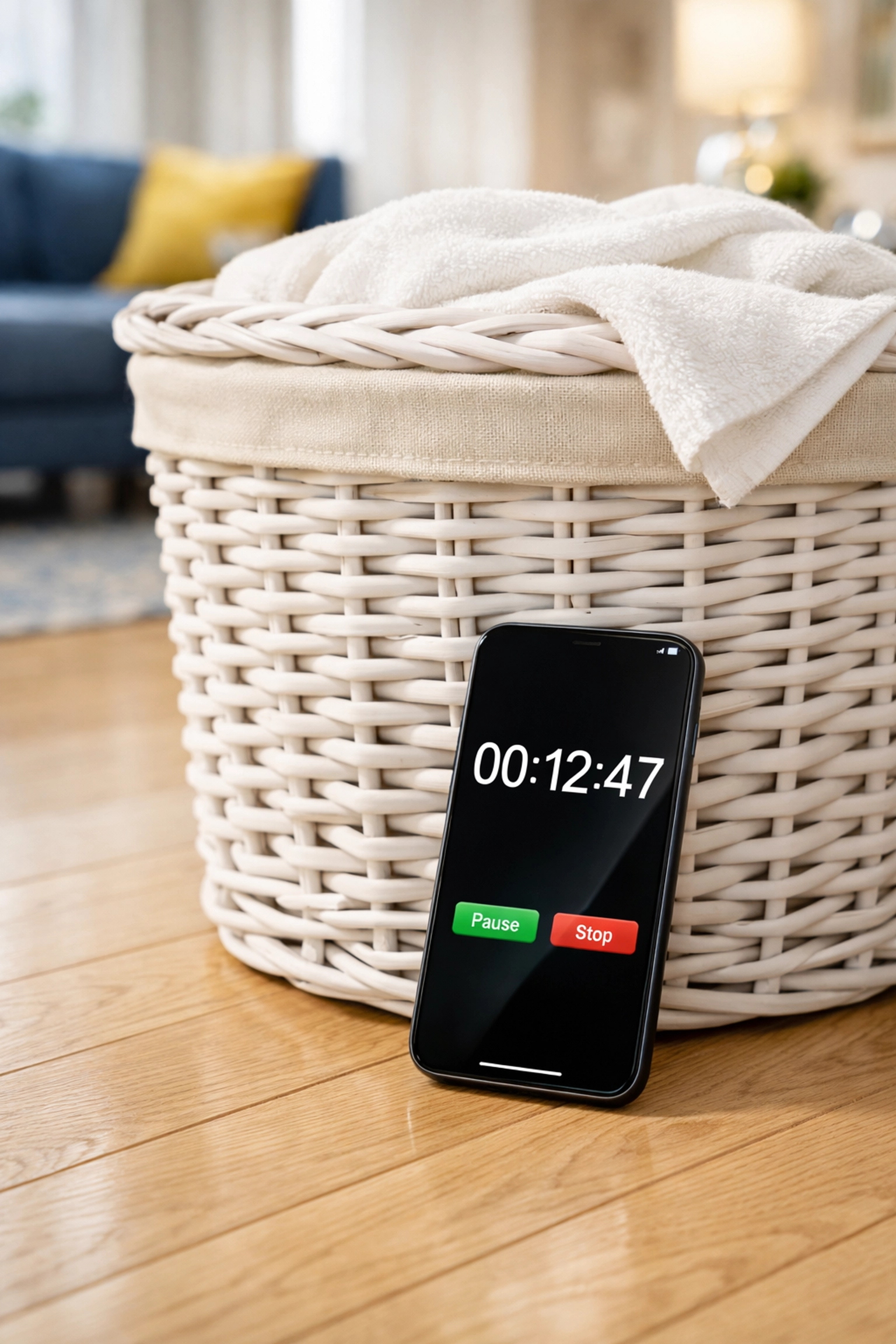 A white laundry basket and smartphone timer set for a quick 10-minute daily home cleaning reset.