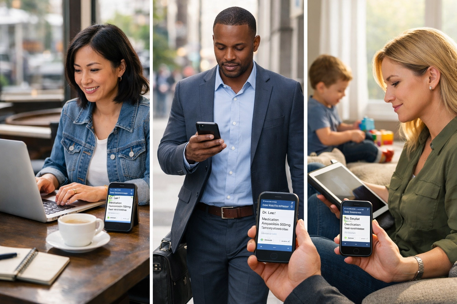 Busy professionals using smartphones to get prescription refills online without appointments